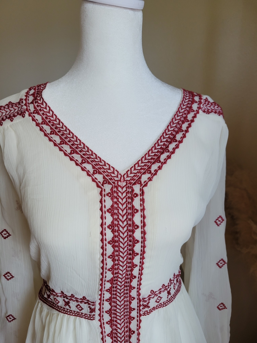 Ivory Sheer Peasant Tunic with Maroon Embroidered Trim Long Sleeve Size Large